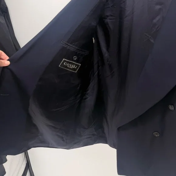 Vintage Canali Double Breasted Navy Blue Wool‎ Suit Blazer Jacket Mens
